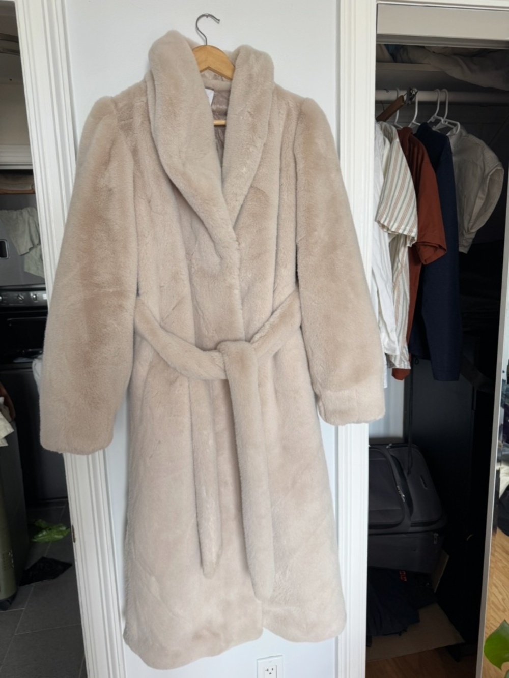 Cream Faux Fur Coat in Small